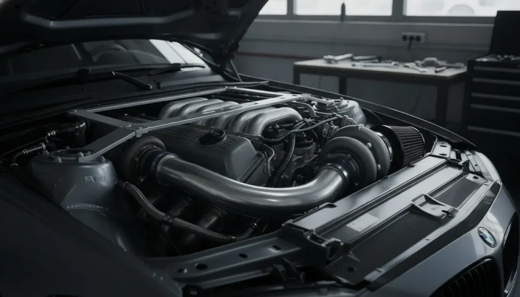 Moteur turbocompressé d'une automobile allemande ouvert dans un atelier de préparation, éclairage dramatique