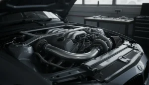 Moteur turbocompressé d'une automobile allemande ouvert dans un atelier de préparation, éclairage dramatique