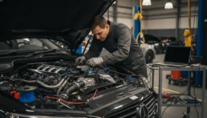 Technicien connectant un ordinateur de diagnostic au calculateur moteur pour une reprogrammation en atelier