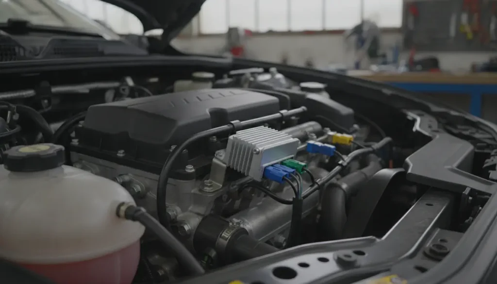 Boitier electronique de reprogrammation ethanol installe dans un compartiment moteur essence