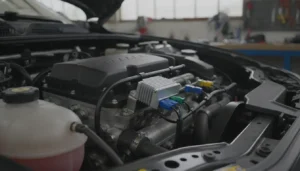 Boitier electronique de reprogrammation ethanol installe dans un compartiment moteur essence
