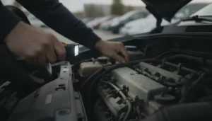 Personne inspectant le moteur et le compteur kilométrique d'une voiture d'occasion avant achat