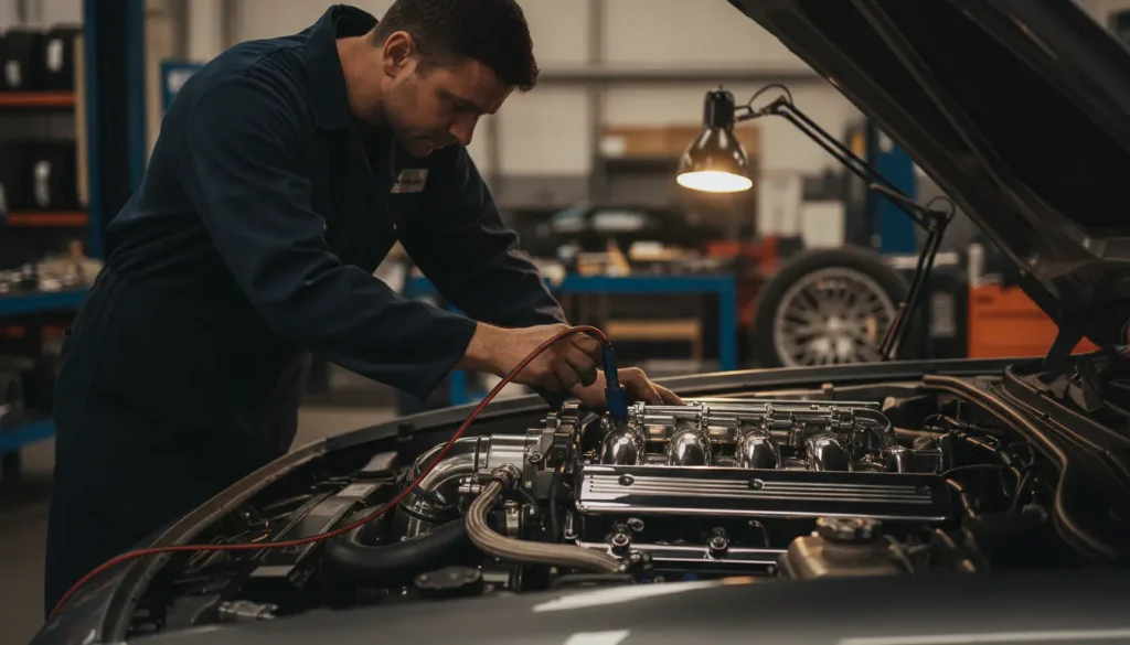 Moteur de voiture ouvert dans un atelier de préparation moteur avec mécanicien et valise de diagnostic