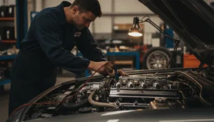 Moteur de voiture ouvert dans un atelier de préparation moteur avec mécanicien et valise de diagnostic