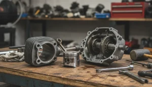 Moteur AM6 Minarelli démonté sur un établi d'atelier, cylindre piston et pièces de préparation disposés autour